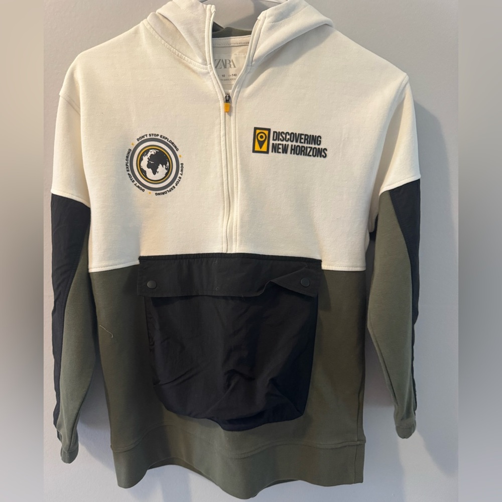 Zara White, Black & Yellow Colorblock Zip Hoodie